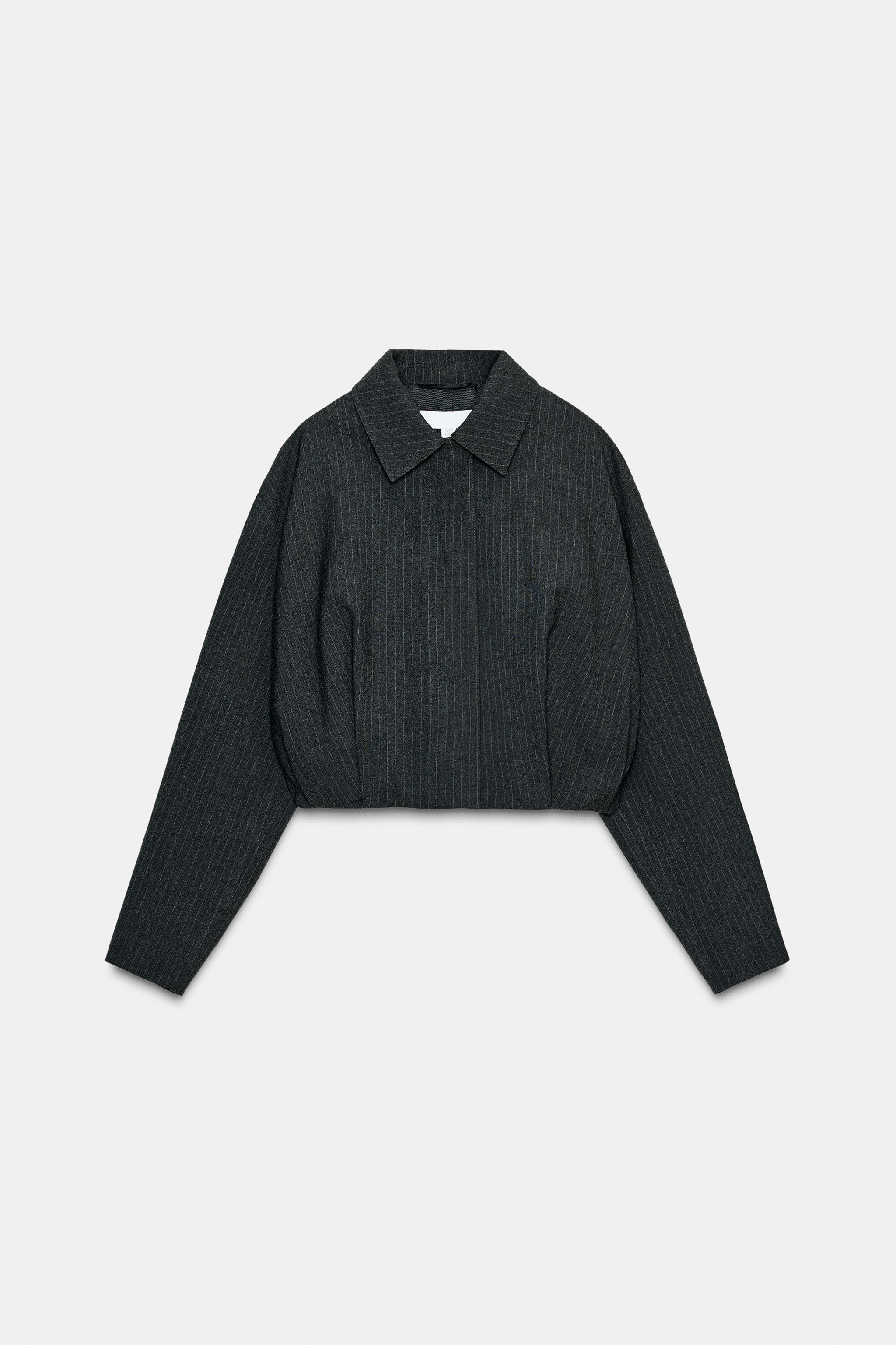 CROPPED PINSTRIPE BALLOON BOMBER JACKET